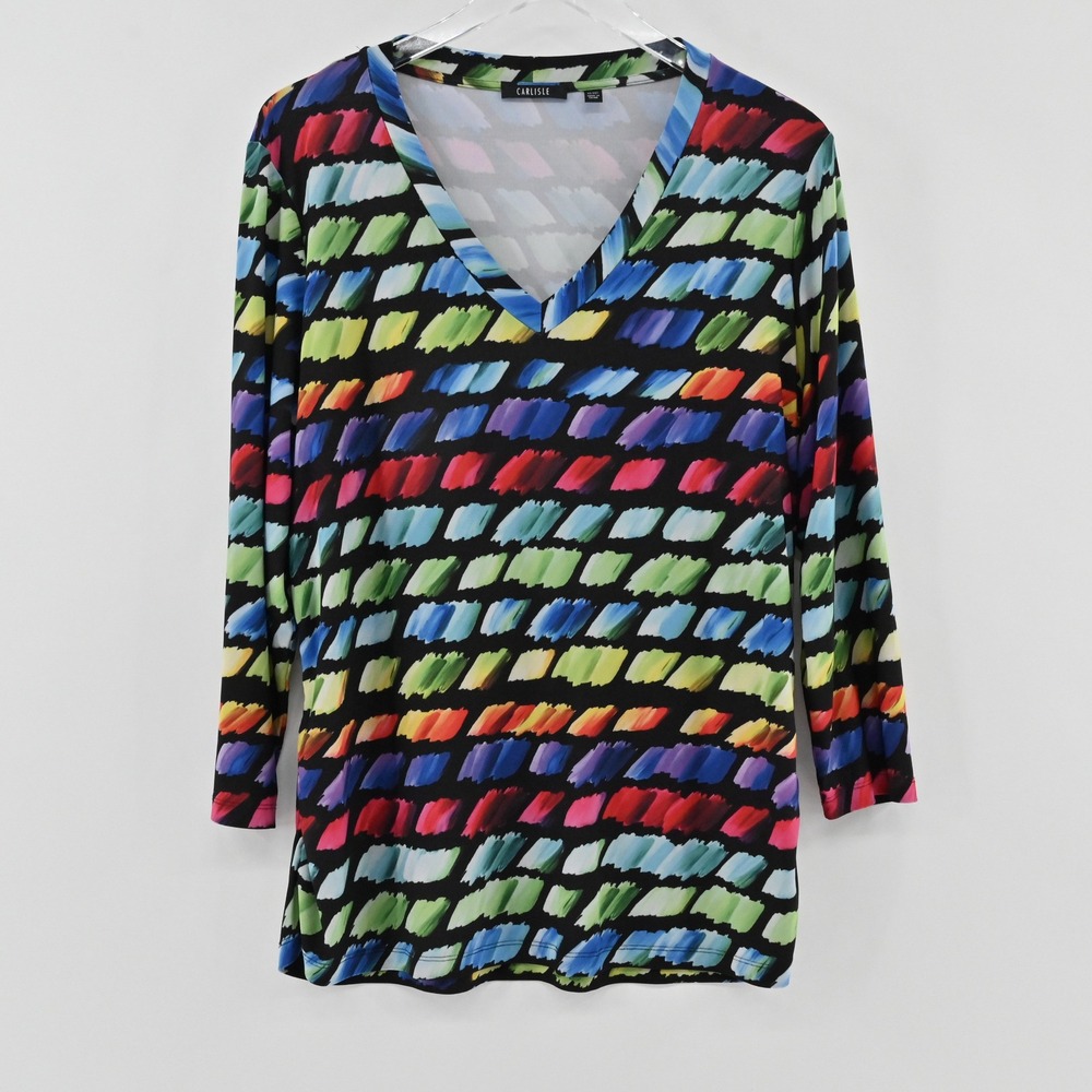 Carlisle V Neck Abstract Print Top Womens Size XXL Colorful 3/4 Sleeve Rainbow
